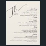 Menú Boda formal Elegante Hueso negro<br><div class="desc">Estos menús de papel de la cena, de color blanco y claro, de 8, 5 x 11", presentan una elegante carta de papel con la inscripción negra en un fondo blanco óseo con el mensaje "El menú", con marcadores de posición para 2 aperitivos, 3 entrantes, 2 lados y 2 postres....</div>