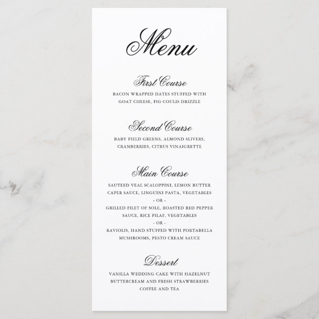 Menú Boda Formal Elegante Tradicional en Blanco y Negro (Anverso)