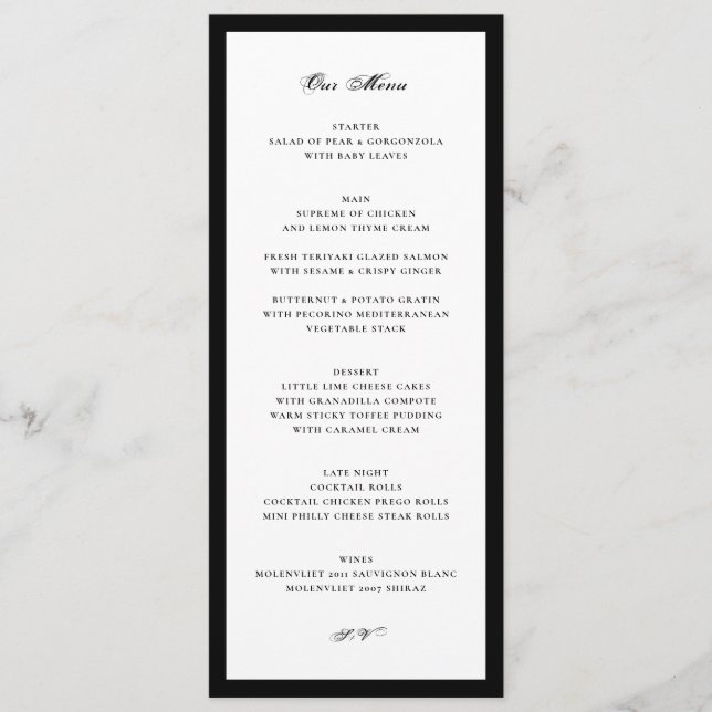 Menú Boda Formal en Blanco y Negro (Anverso)
