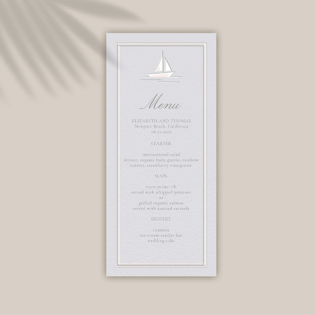 Menú Boda formal Grabado en relieve de Faux Nautical Bo (coastal wedding menu classic formal traditional frame faux embossed boat nautical beach yacht)