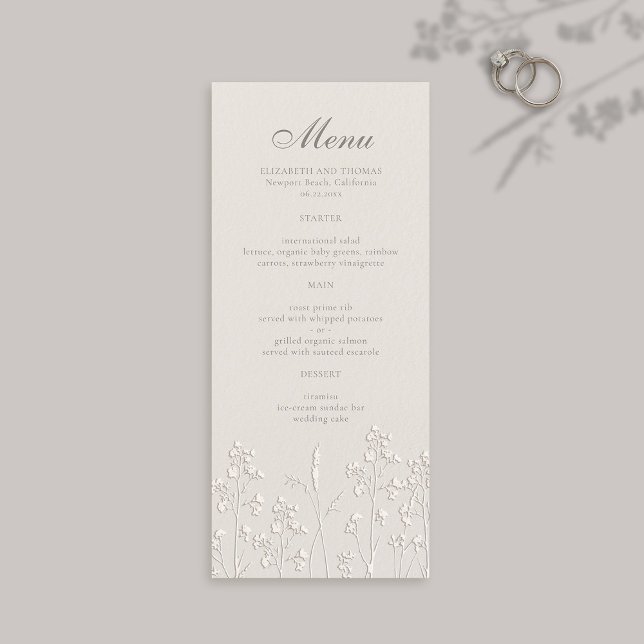 Menú Boda formal Grabado en relieve de Wildflowers Ecru (formal wedding menu card traditional calligraphy ecru faux embossed wildflowers modern classic)