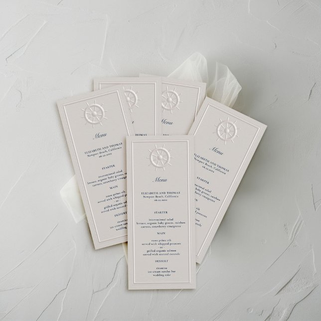 Menú Boda formal Grabado en relieve Faux Boat Wheel Fau (coastal wedding menu card faux embossed boat helm double frame modern classic navy ivory elegant)