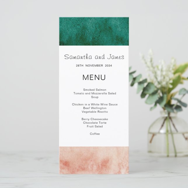 Menú Boda Formal Moderna Rosa Claro Verde Acuarela  (Anverso de pie)