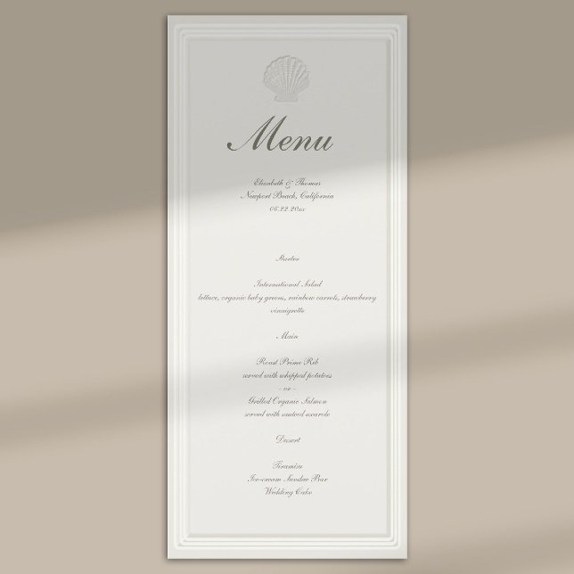 Menú Boda Formal Náutica de Conchas Marinas Ecru (modern classic wedding menu coastal nautical shell ecru script formal traditional elegant)