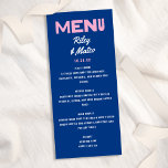 Menú Boda Funky Colorful Blue Pink de tipo moderno y ne<br><div class="desc">*TODOS los colores de este diseño son personalizable! Esta moderna y divertida carta boda cuenta con un fondo azul cobalto,  un "Menú" rosado y una tipografía retro. Este diseño hace una declaración divertida y colorida para un boda moderno.</div>