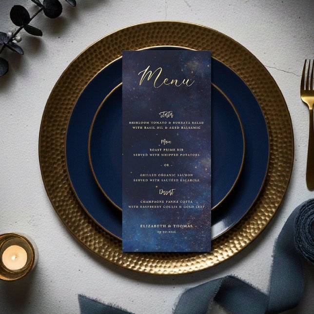 Menú Boda Galaxia Celeste Noche Estrellada Azul Marino (celestial galaxy wedding menu watercolor navy blue starry night written in the stars)
