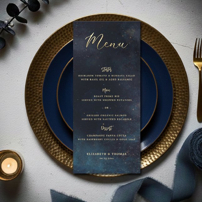 Menú Boda Galaxia Celestial Noche Estrellada Azul Melan (celestial galaxy wedding menu watercolor moody navy blue starry night written in the stars)