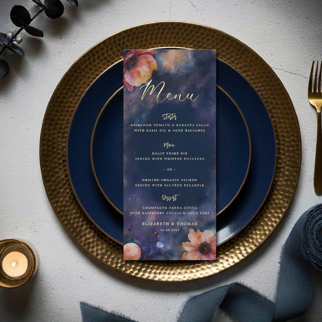 Menú Boda Galaxia Floral Celeste Noche Estrellada Azul (celestial floral galaxy wedding menu watercolor navy blue starry night written in the stars)