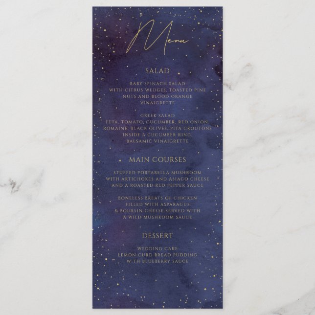 Menú Boda Galaxy Starry Night Celestial Purple Gold (Anverso)