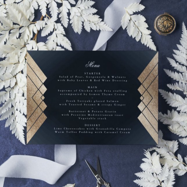 Menú Boda Gatsby de Oro de la Marina Oscura Geométrica (Subido por el creador)
