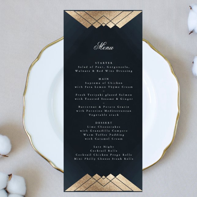 Menú Boda Gatsby de oro geométrico azul de la marina (Subido por el creador)