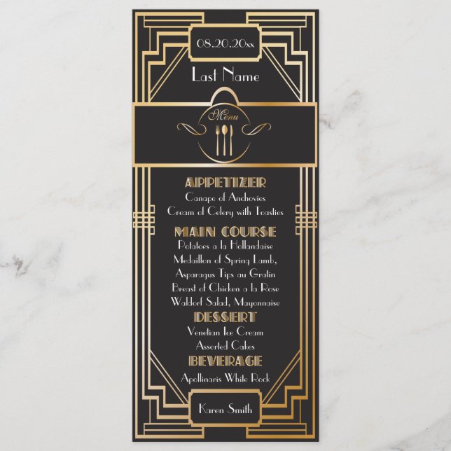 Menú Boda Gatsby personalizada - Art Deco negro y dorad (Anverso)