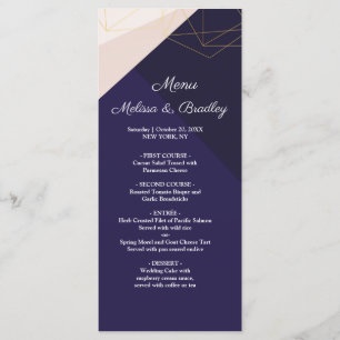 Menú Boda geometri azul marino rosa y oro