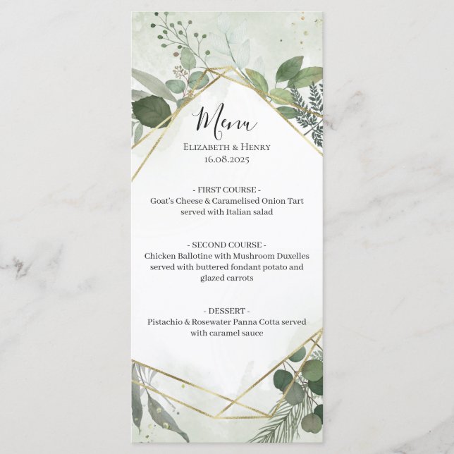 Menú Boda geométrica acuarela boho verde dorado (Anverso)