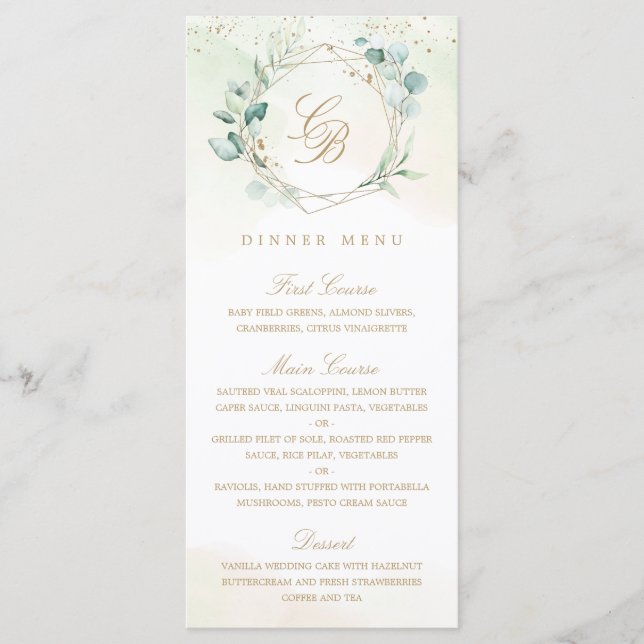 Menú Boda geométrica dorada con vegetación de eucalipto (Anverso)