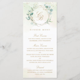 Menú Boda geométrica dorada con vegetación de eucalipto