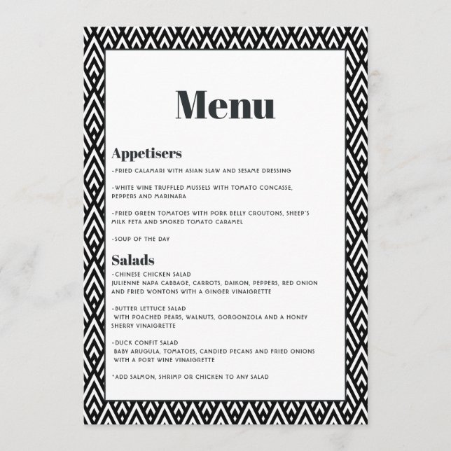 Menú Boda Geométrica Moderna en Blanco y Negro (Anverso)