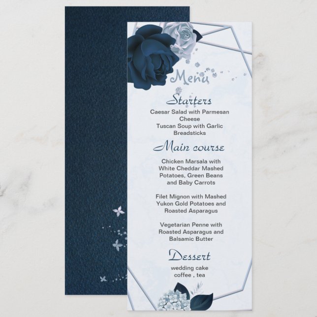 Menú boda geométrico de flores azul y marina polvorient (Anverso / Reverso)