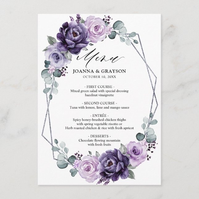 Menú Boda geométrico de flores de ciruela morada platea (Anverso)