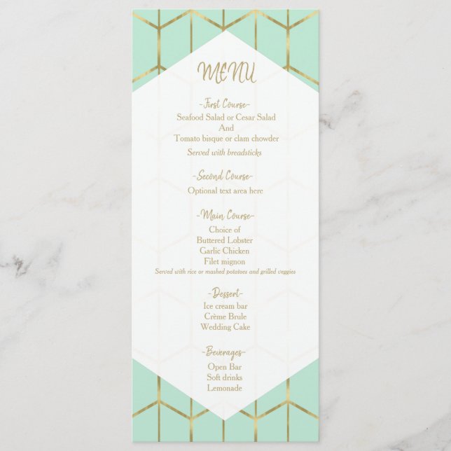 Menú Boda Geométrico de Oro de Hexágono Verde de M (Anverso)
