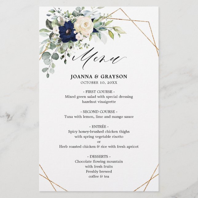 Menú Boda geométrico de vegetación floral Rubor de (Anverso)