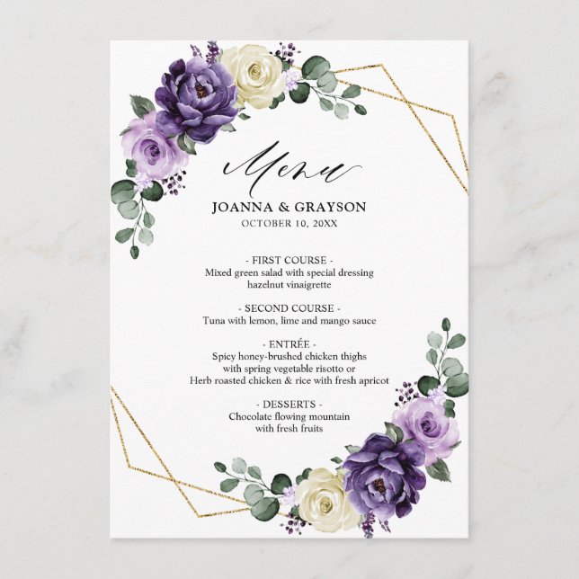 Menú Boda Geométrico Floral Purple Plum Ivory Gold (Anverso)