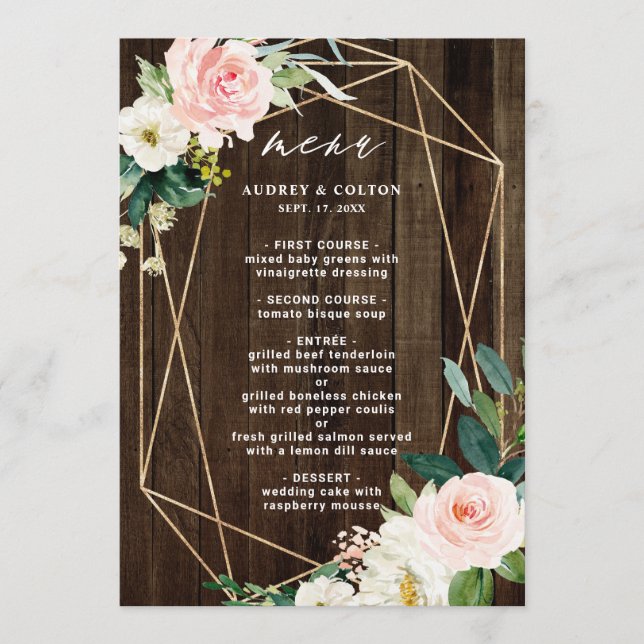 Menú Boda Geométrico Floral Rustic Wood (Anverso)