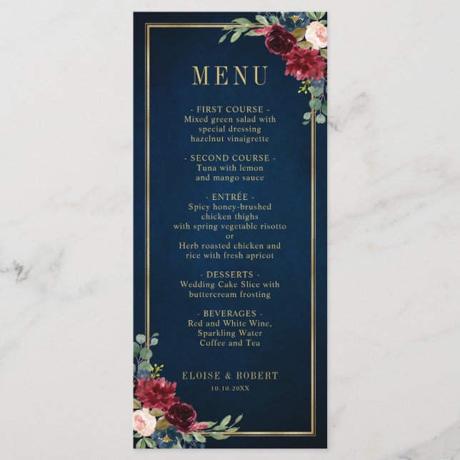 Menú Boda Geométrico Navy Blue Rubor Burgundy Gold (Anverso)
