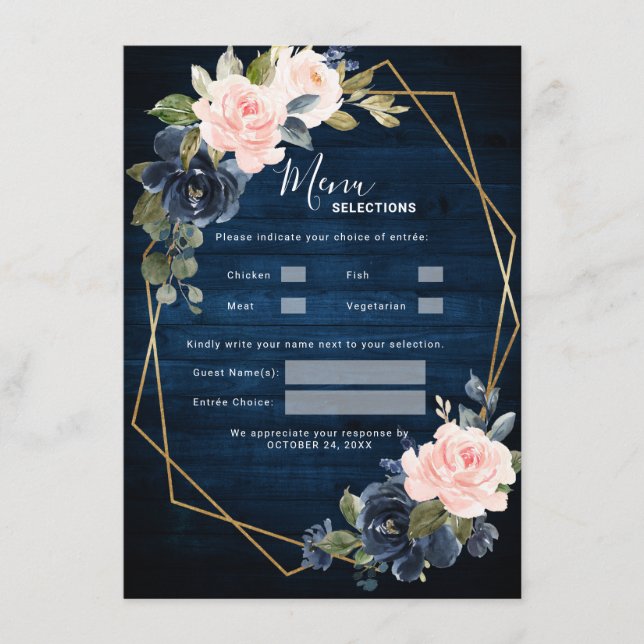 Menú Boda Geométrico Rosado Rubor azul de la Marina Rus (Anverso)