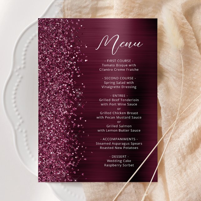 Menú Boda Glam Glitter Script Borgoña (Subido por el creador)