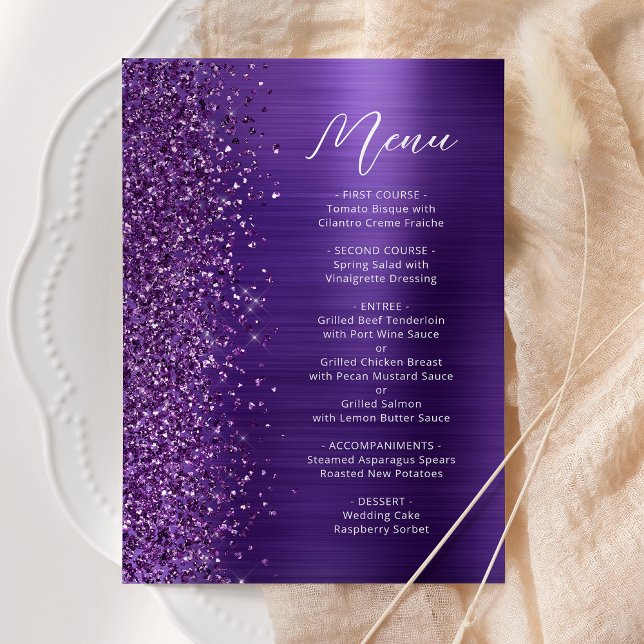 Menú Boda Glamour Purpura Glitter Script (Subido por el creador)