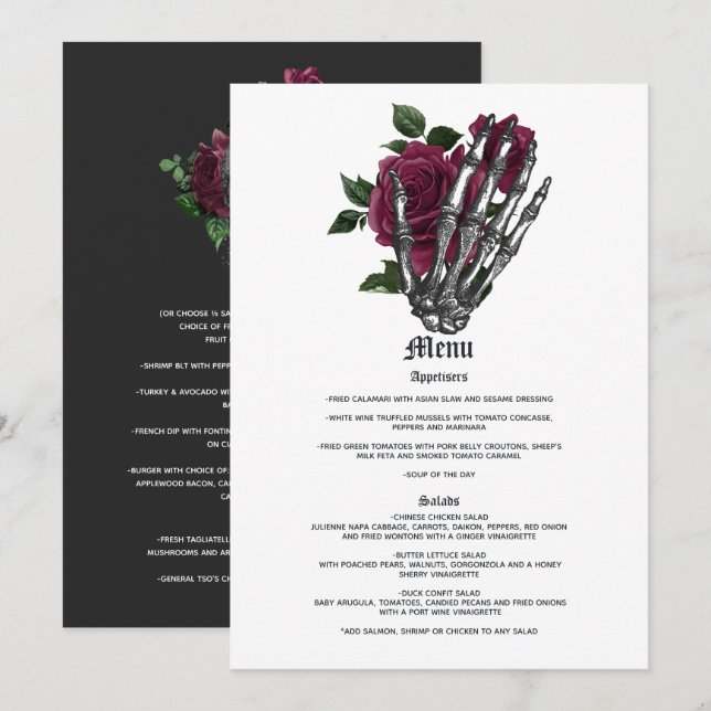 Menú Boda Gótica Floral de Borgoña (Anverso / Reverso)