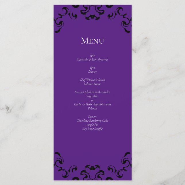 Menú Boda gótico de Black Swirl Purple (Anverso)