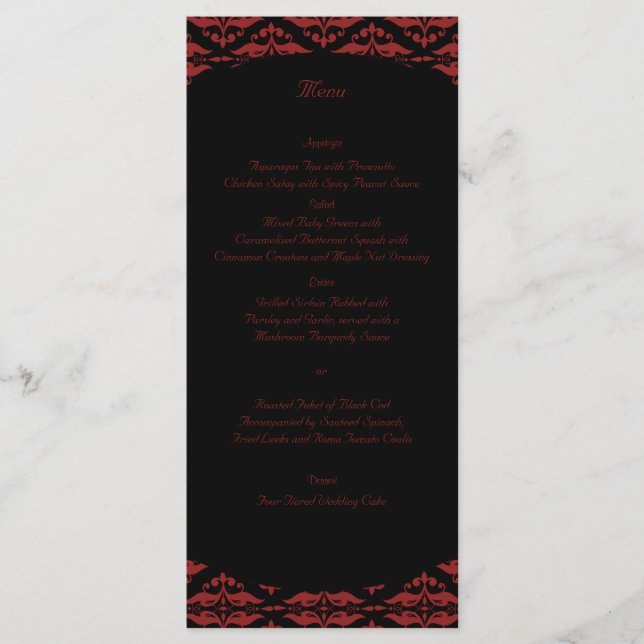 Menú Boda gótico de Damask rojo y negro (Anverso)