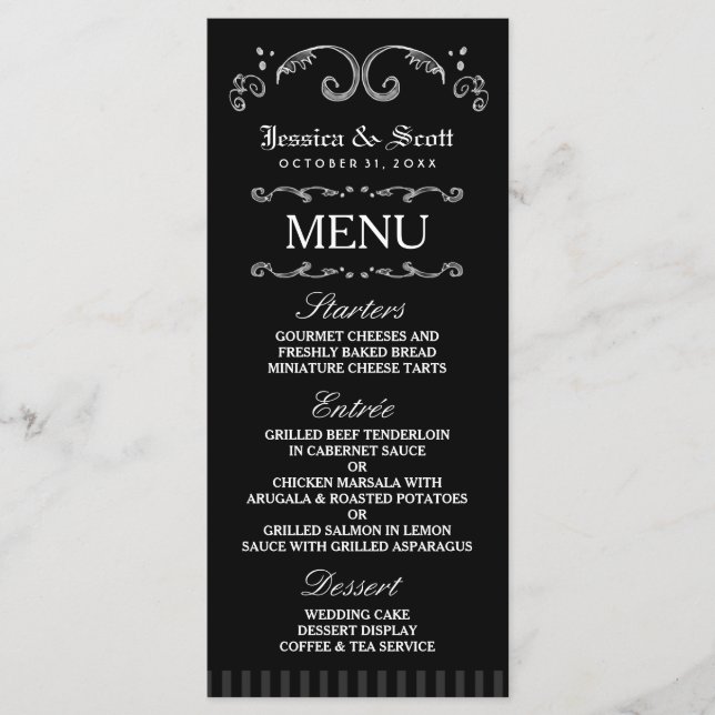 Menú Boda gótico de Halloween en blanco y negro (Anverso)