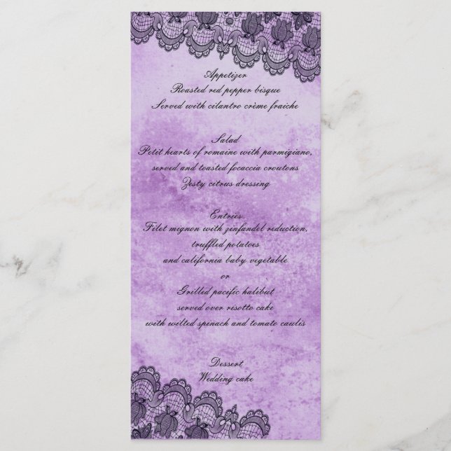 Menú Boda gótico morado de encaje negro (Anverso)