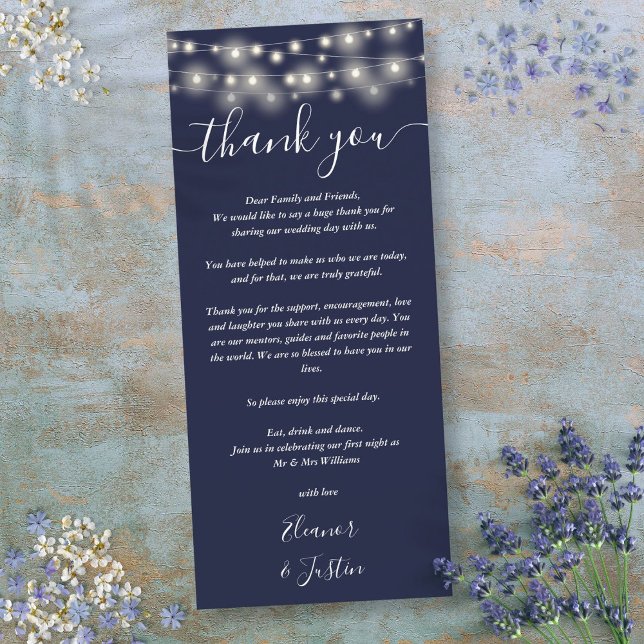 Menú Boda Gracias Leghts Navy Blue Place Card (Wedding Thank You Lights Navy Blue Place Card)