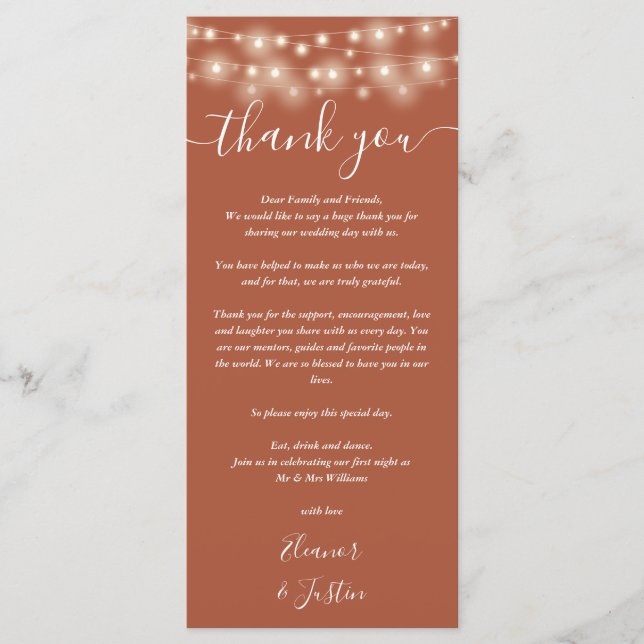 Menú Boda Gracias Lughts Terracotta Place Card (Anverso)