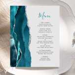 Menú Boda gris agrietado de plata Verde azulado de<br><div class="desc">En el extremo izquierdo de este elegante y moderno menú boda se encuentra una verde azulada barra de acuarela azul bordeada por un falso purpurina plateado. El texto del personalizable combina el guión de escritura a mano verde azulada y el tipo de letra de copperplate gris carbón en un fondo...</div>