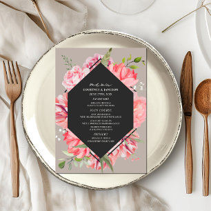 Menú Boda Gris Floral Geométrico Rosa