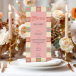 Menú Boda Groovy de negrita y retro<br><div class="desc">Este atrevido menú boda se inspira en el groovy tema de los años 70, con florales vibrantes emparejados con un patrón retro a cuadros en la parte delantera y trasera, y espacio para añadir sus propios detalles e iniciales del menú. Este diseño es perfecto para las parejas que aman el...</div>