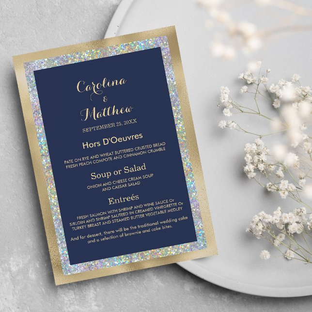 Menú Boda holográfico de plata azul marino (Navy blue gold silver holographic Wedding Menu )