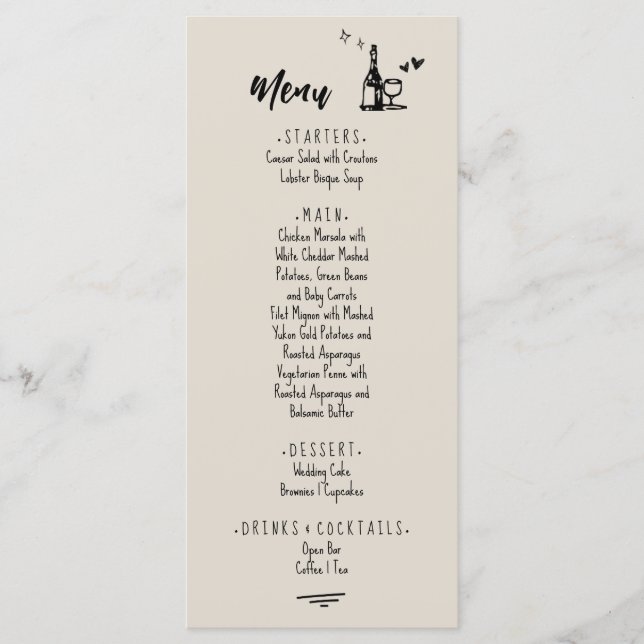 Menú Boda Ilustrada Retro Gris Dibujada a Mano (Anverso)