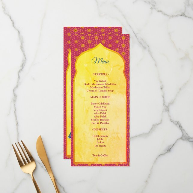Menú Boda indio de diseño rosa y dorado (Anverso/Reverso In Situ)