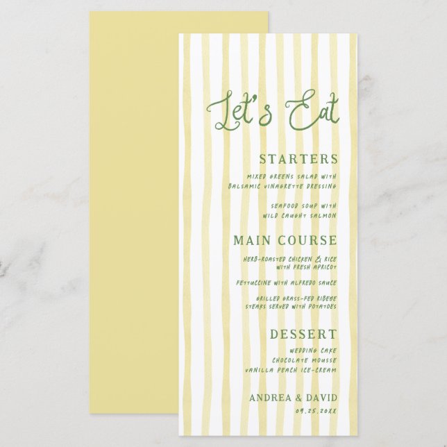 Menú Boda Isla Franja Amarillo Cítrico Letra a Mano (Anverso / Reverso)