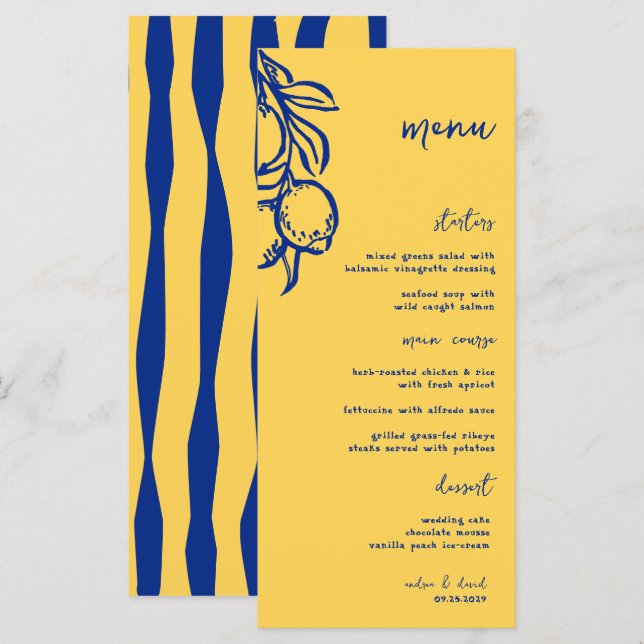 Menú Boda Italiana Azul Retro Mano Dibujada Manuscrita (Anverso / Reverso)