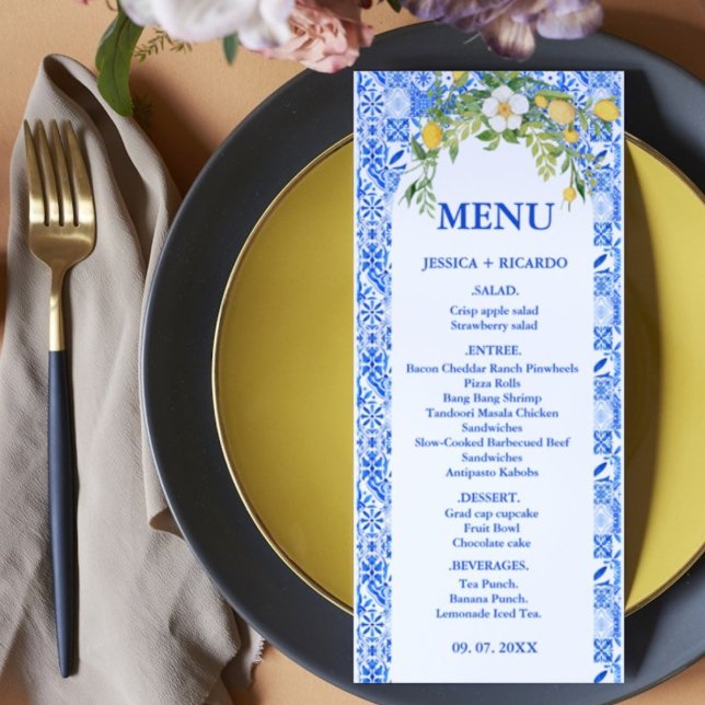 Menú Boda italiana mediterránea azul limón Boho (Subido por el creador)