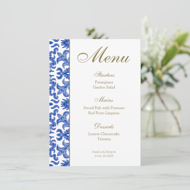 Menú Boda italiano azul y blanco (Anverso de pie)