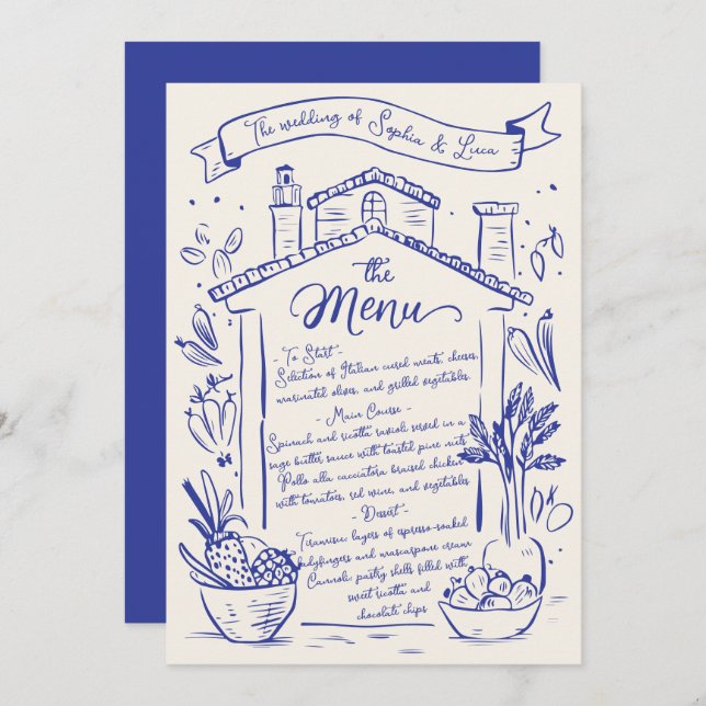 Menú Boda italiano con mano rústica Crema azul (Anverso / Reverso)