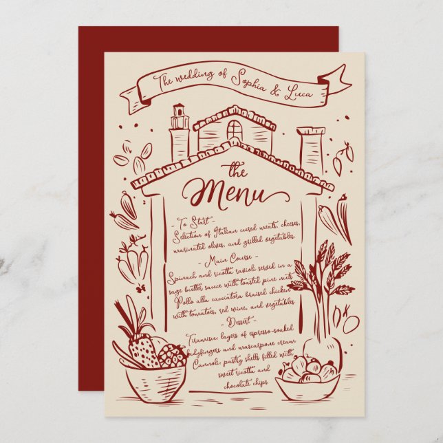 Menú Boda italiano con mano rústica Crema roja (Anverso / Reverso)
